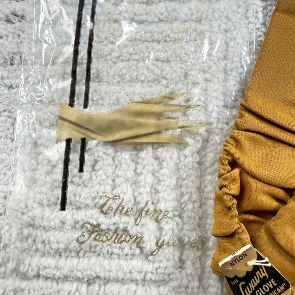 The Luxury Glove Vintage Nylon Dress Gloves Womens 6-7 Mustard Yellow Ruched 60s